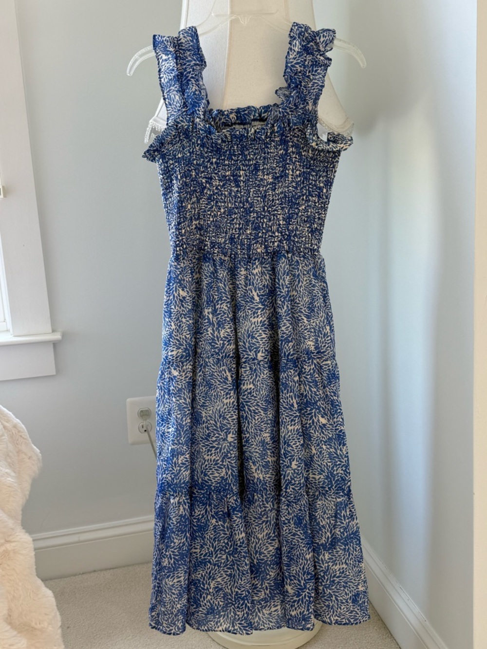 Amanda Uprichard White and Blue Floral Smocked Midi Dress